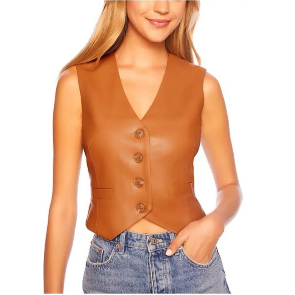 Susana Monaco Vest Medium Brown Buttons Faux Leather Fitted